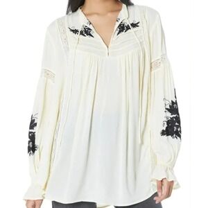 Free People Tusalossa Embroidered Top Cream Lace Trim Large Boho Peasant Western
